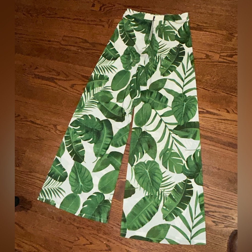 Women's Green Athena Leaf-print Wide-leg Pants